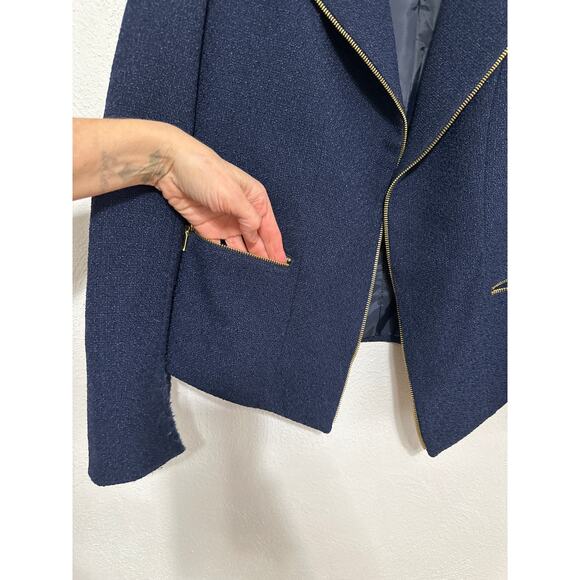 Lorenza Blau Lined Blazer 30 Navy Blue Gold Zip Trim Classic Preppy Coastal - Picture 4 of 16